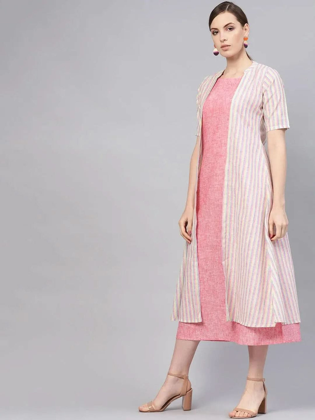 Libas Pink Solid Cotton Dress With Jacket