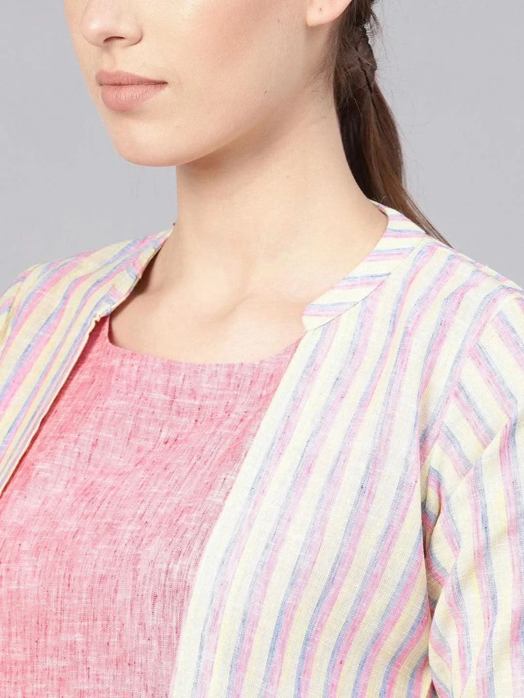 Libas Pink Solid Cotton Dress With Jacket