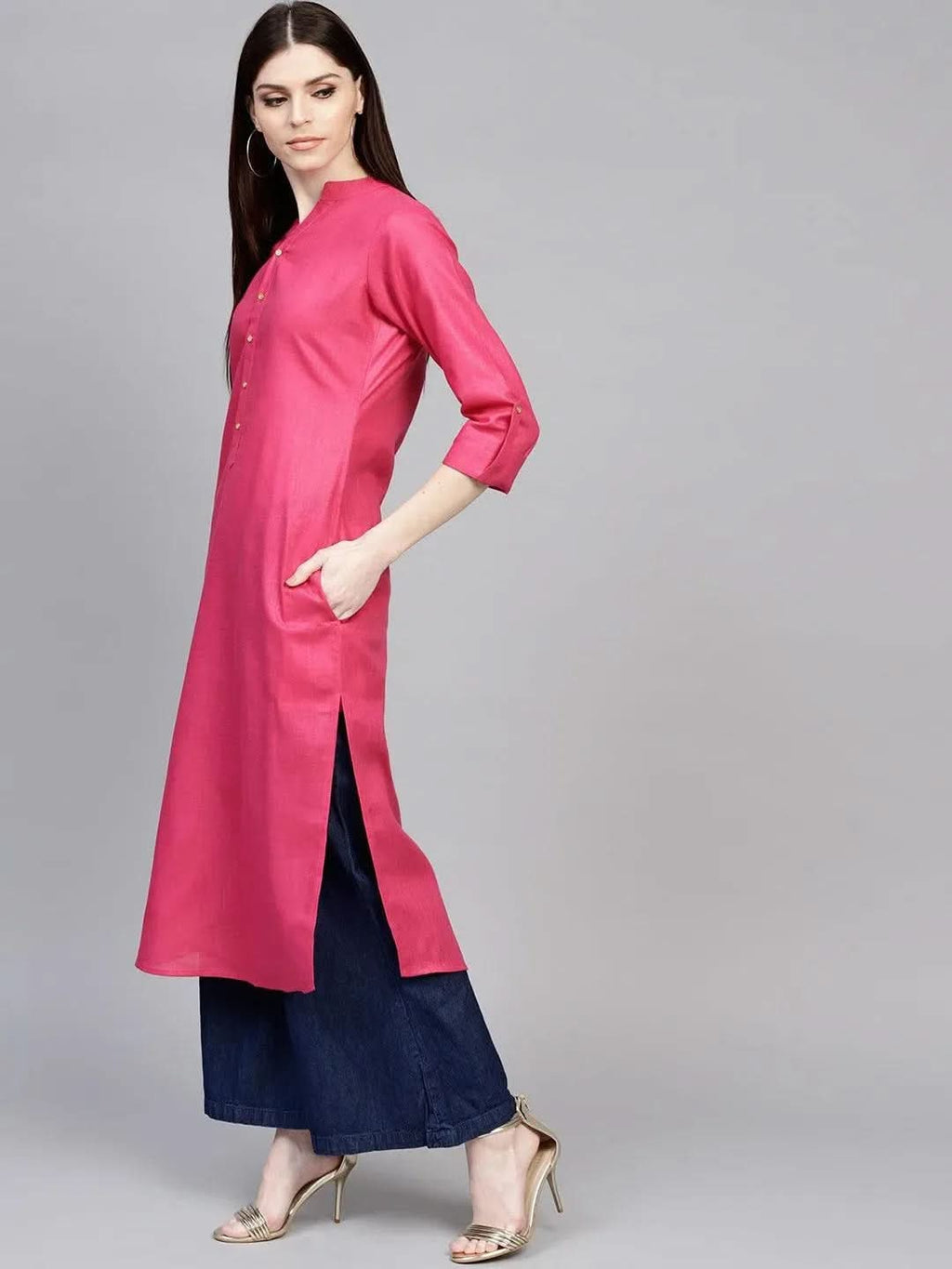 Libas Pink Solid Cotton Kurta