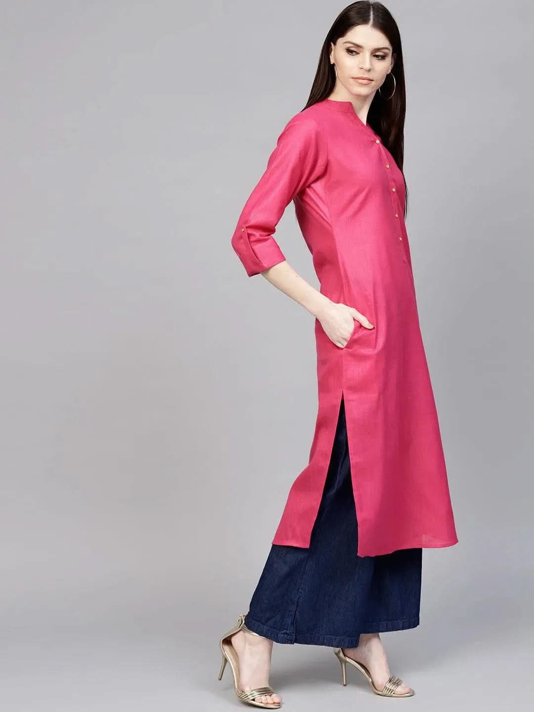 Libas Pink Solid Cotton Kurta