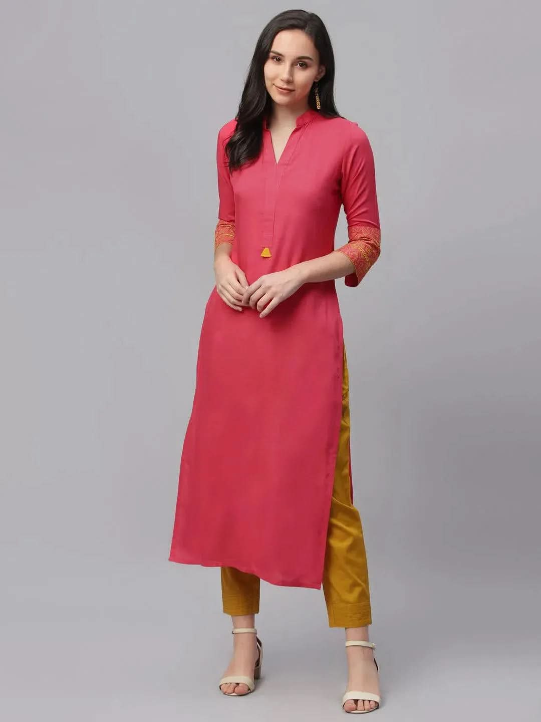 Libas Pink Solid Rayon Kurta