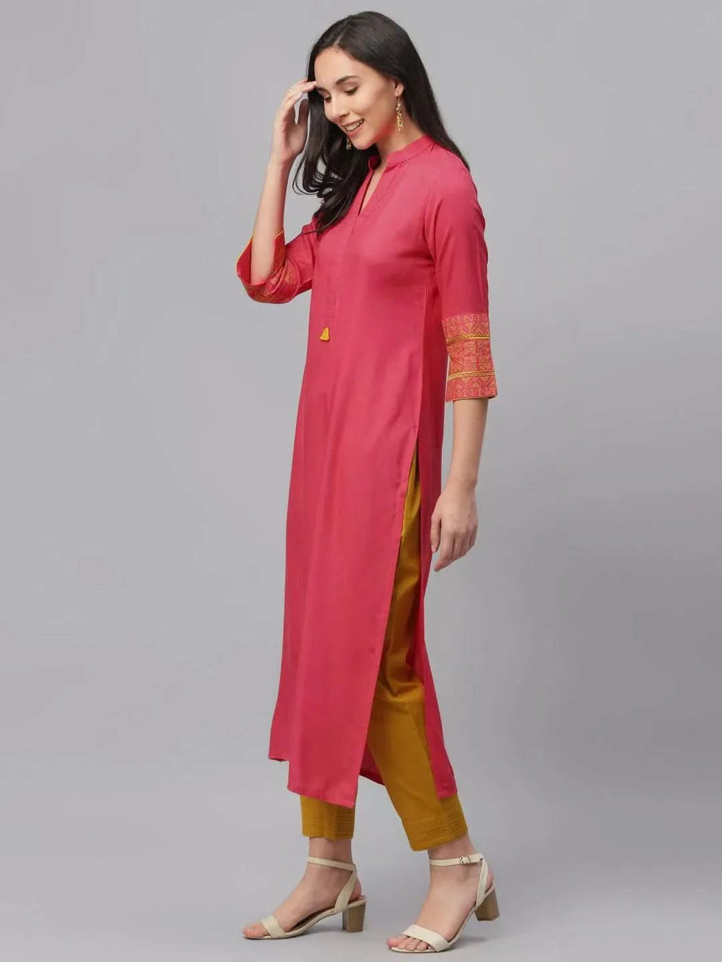 Libas Pink Solid Rayon Kurta