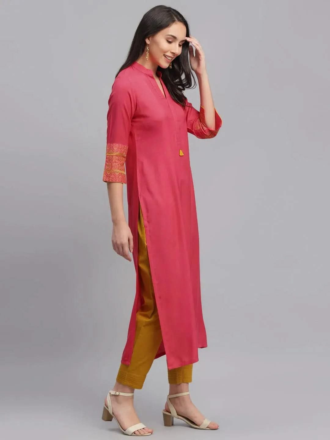 Libas Pink Solid Rayon Kurta
