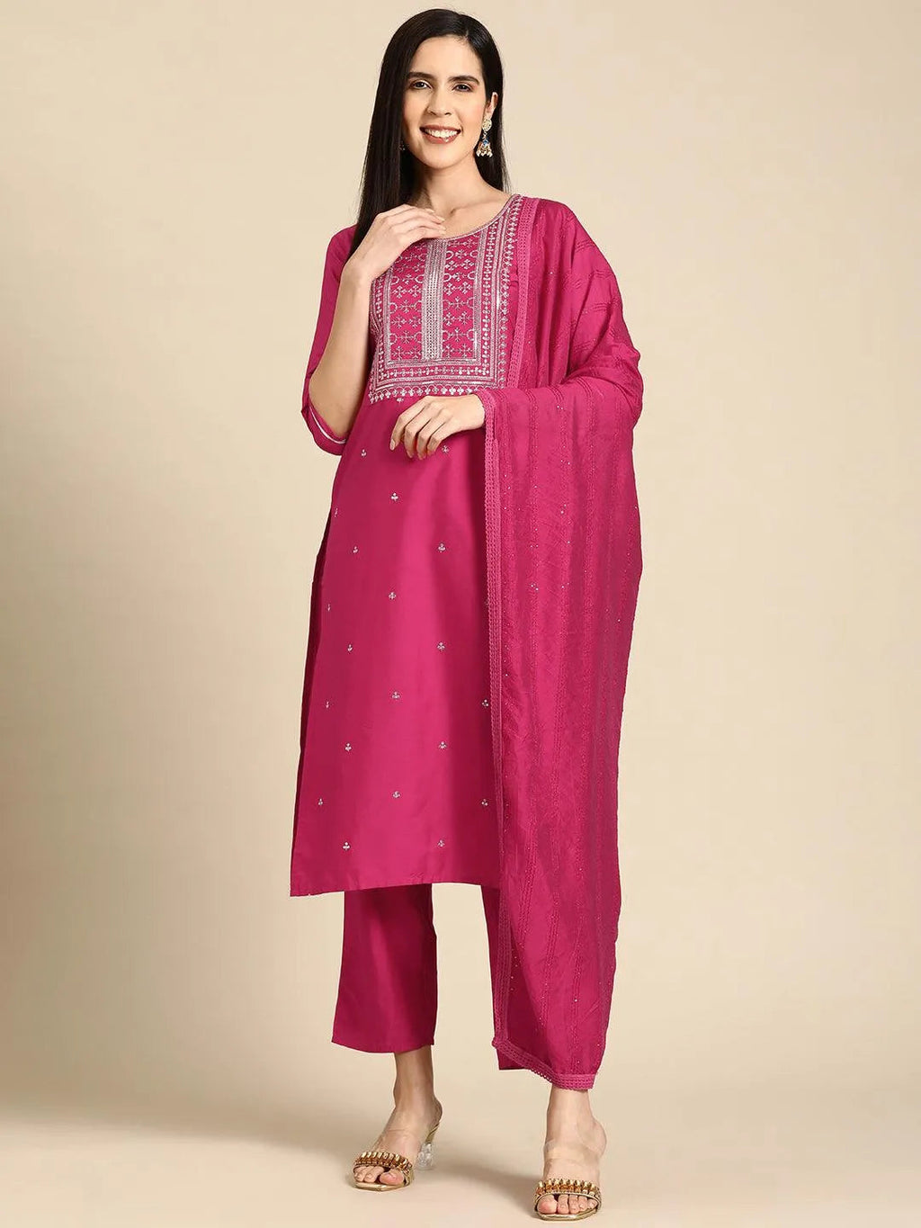 Gerua Pink Yoke Design Silk Blend Straight Suit With Dupatta