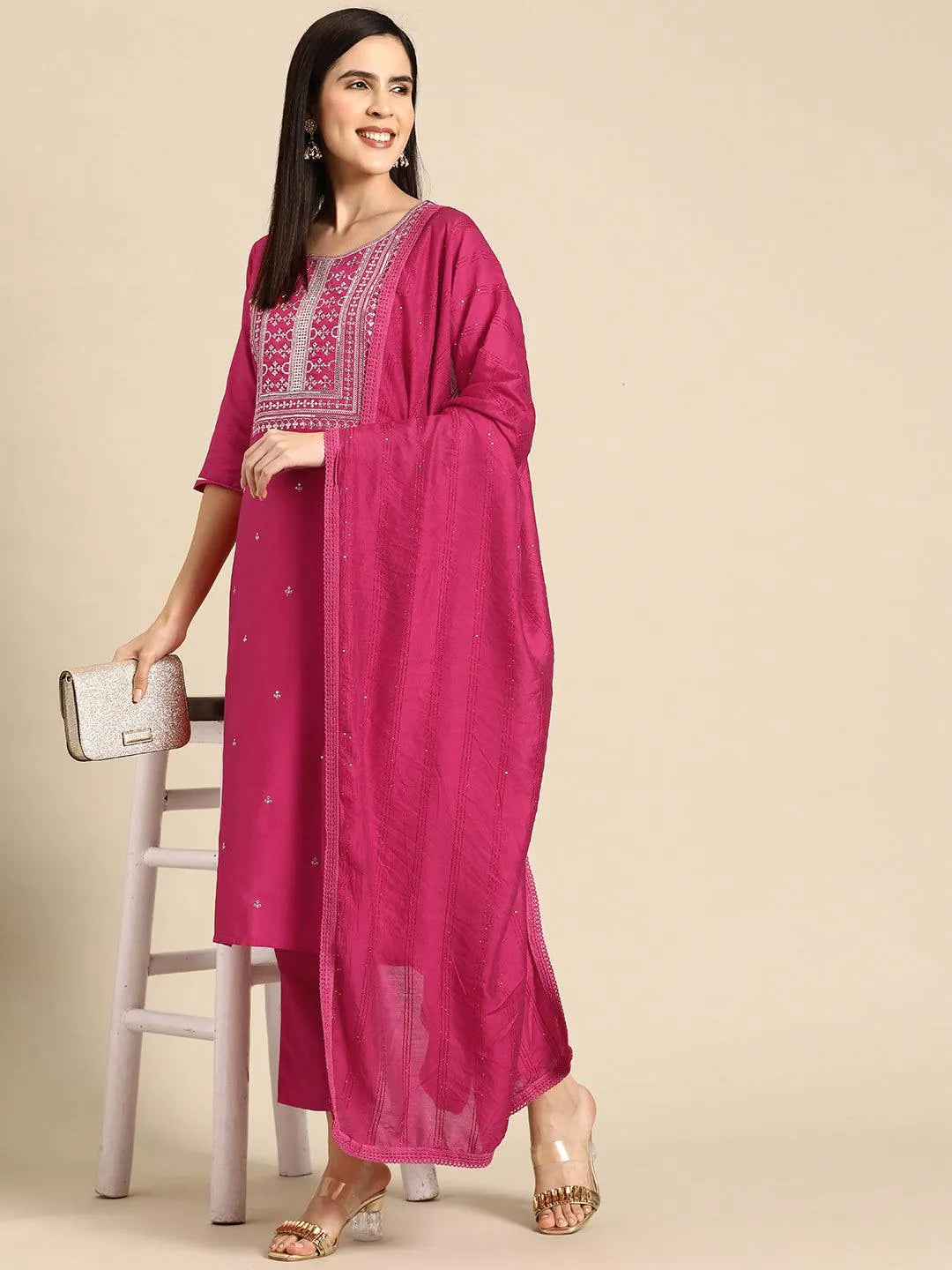 Gerua Pink Yoke Design Silk Blend Straight Suit With Dupatta