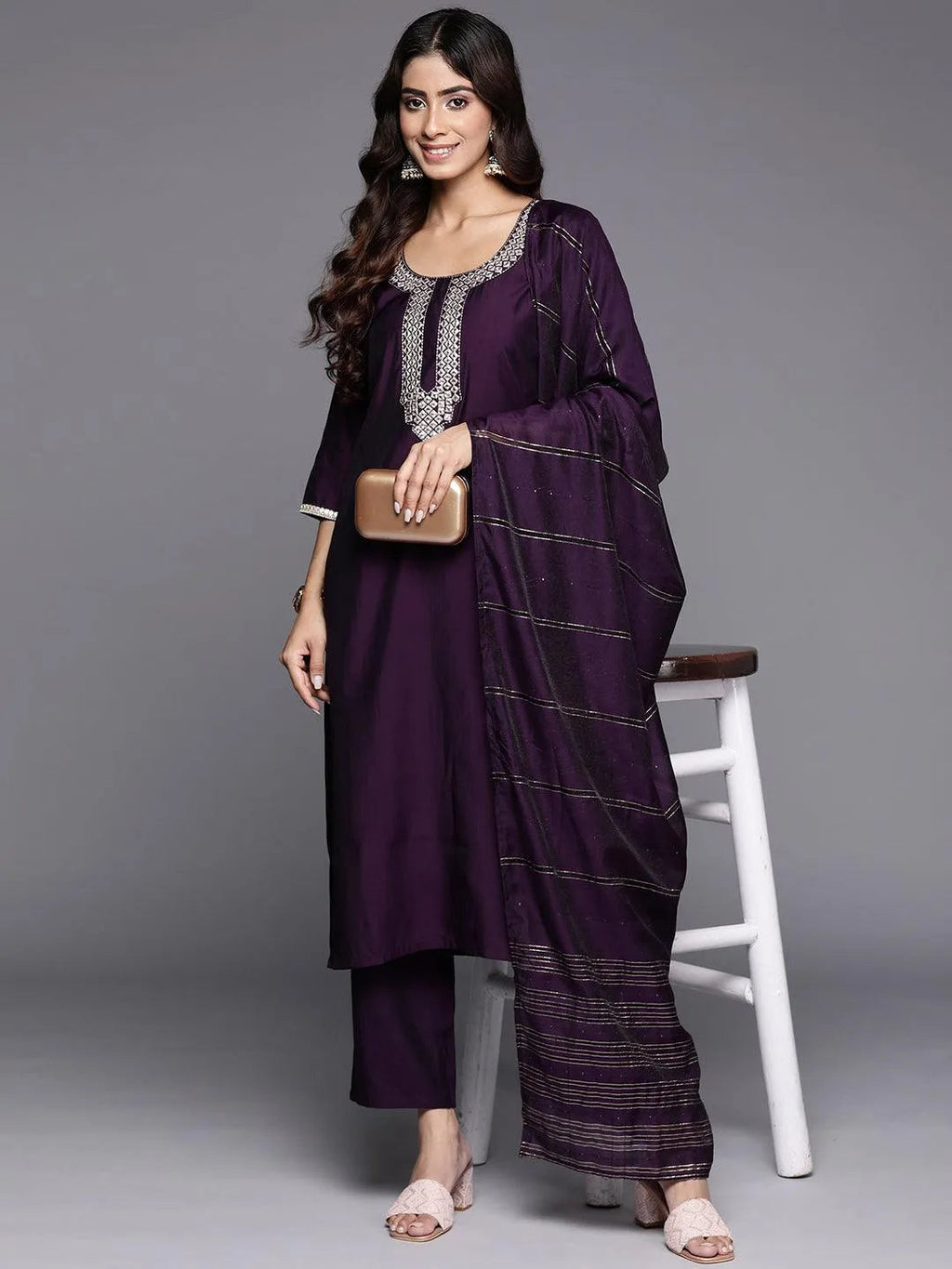 Gerua Purple Embroidered Silk Blend Straight Suit With Dupatta