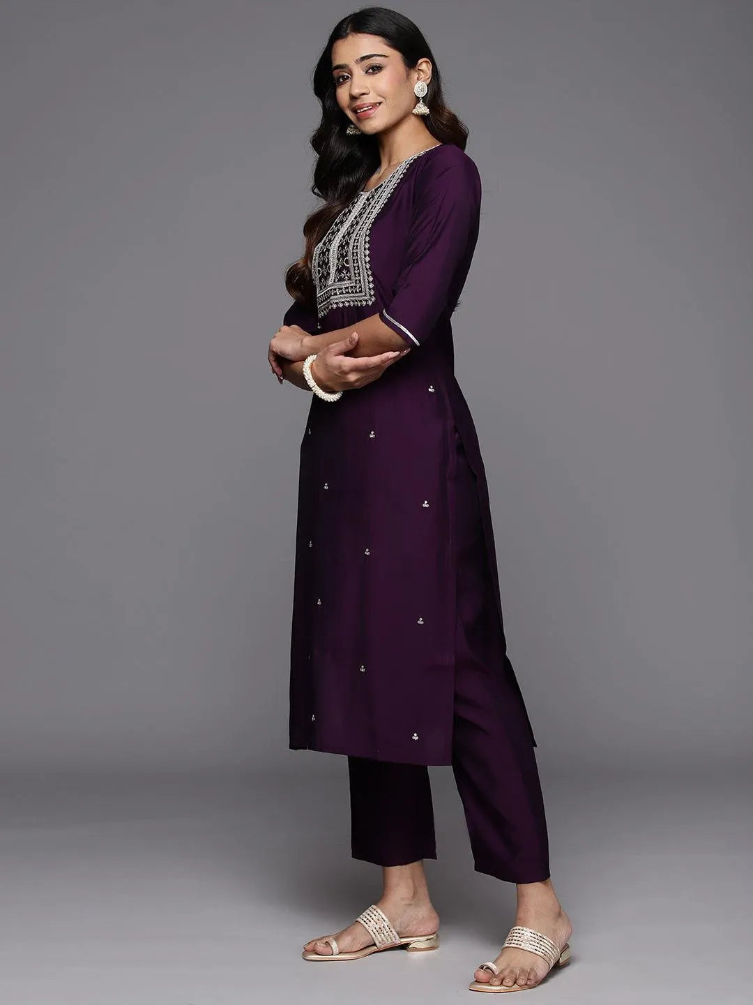 Gerua Purple Embroidered Silk Blend Straight Suit With Dupatta