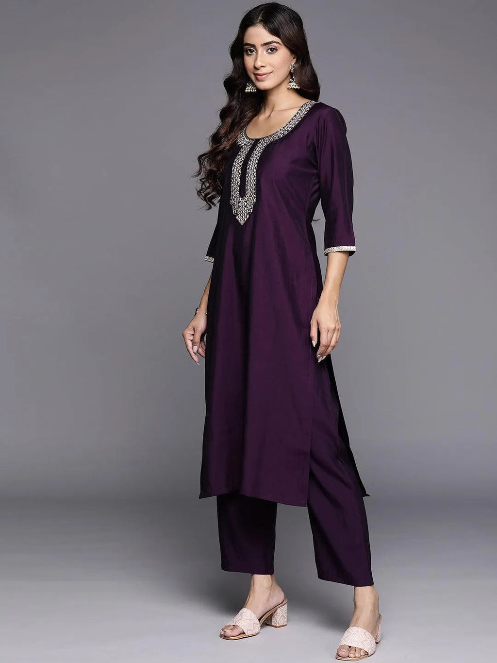 Gerua Purple Embroidered Silk Blend Straight Suit With Dupatta