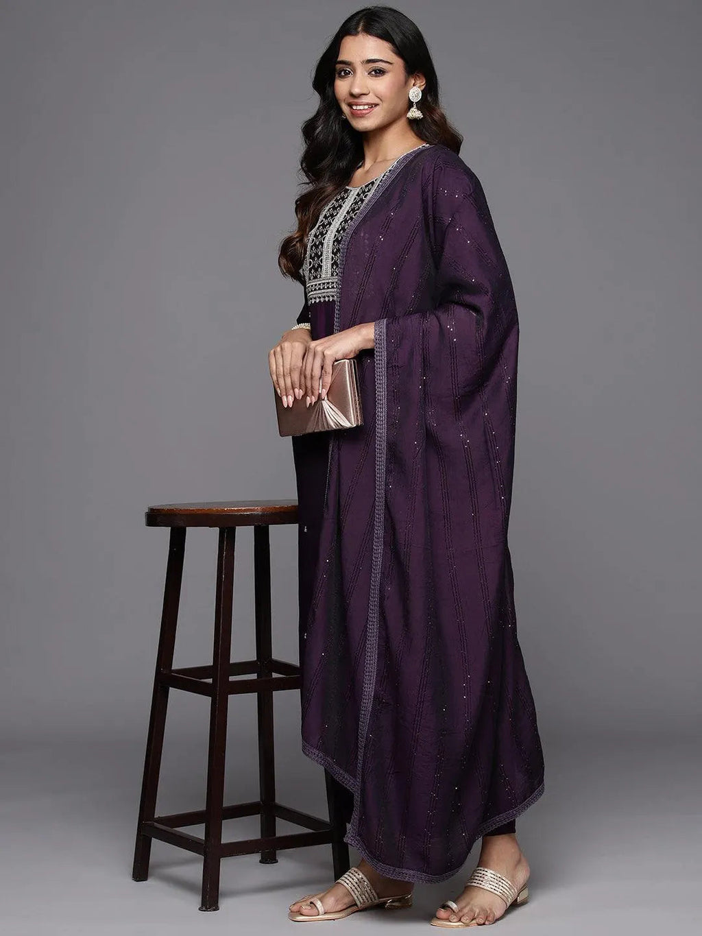 Gerua Purple Embroidered Silk Blend Straight Suit With Dupatta