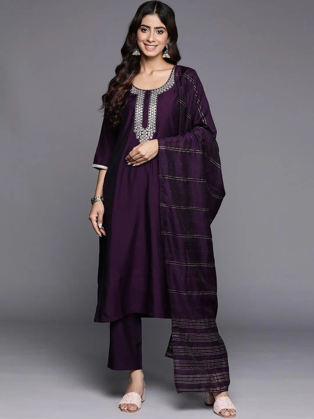 Gerua Purple Embroidered Silk Blend Straight Suit With Dupatta