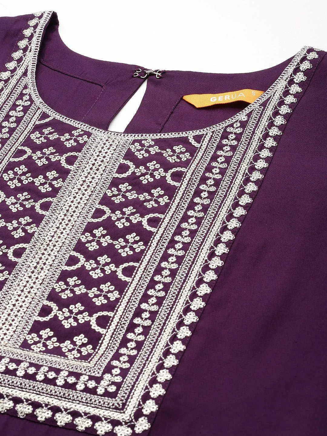 Gerua Purple Embroidered Silk Blend Straight Suit With Dupatta