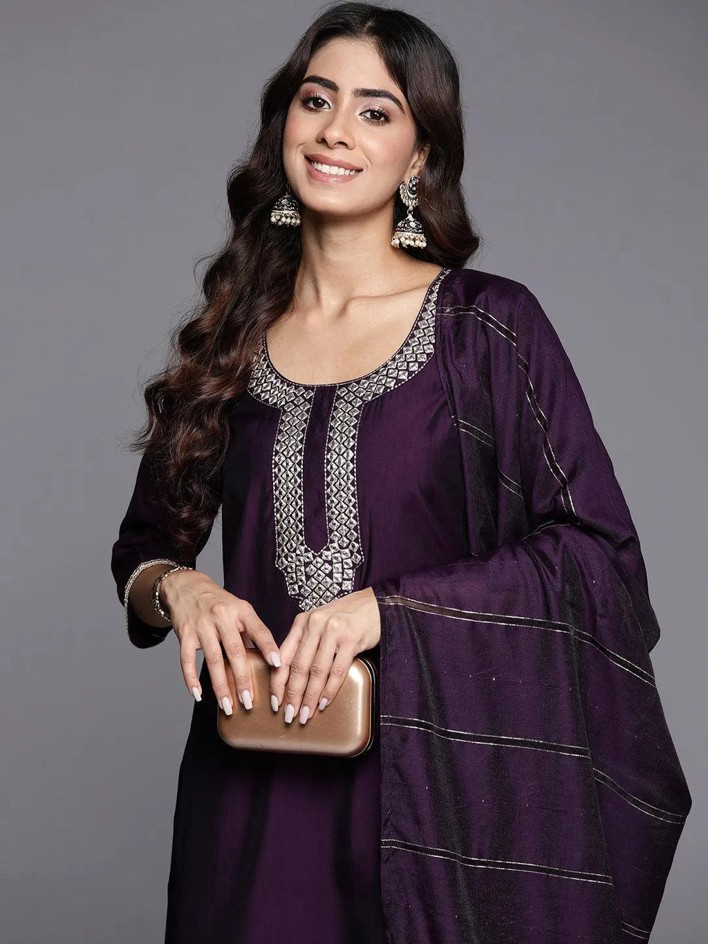 Gerua Purple Embroidered Silk Blend Straight Suit With Dupatta