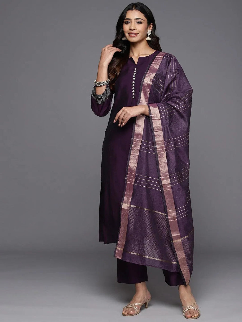 Gerua Purple Solid Silk Blend Straight Suit With Dupatta