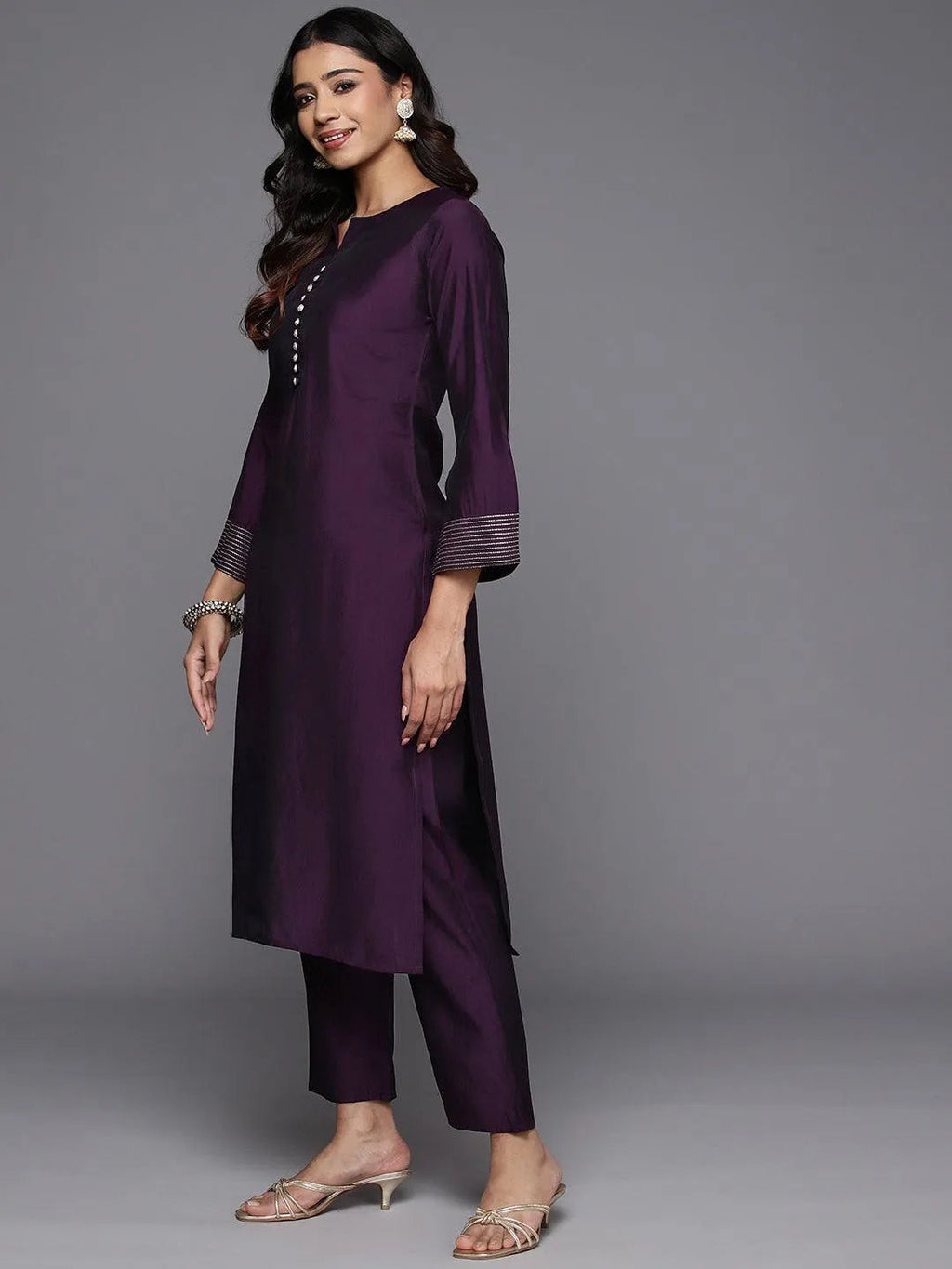 Gerua Purple Solid Silk Blend Straight Suit With Dupatta