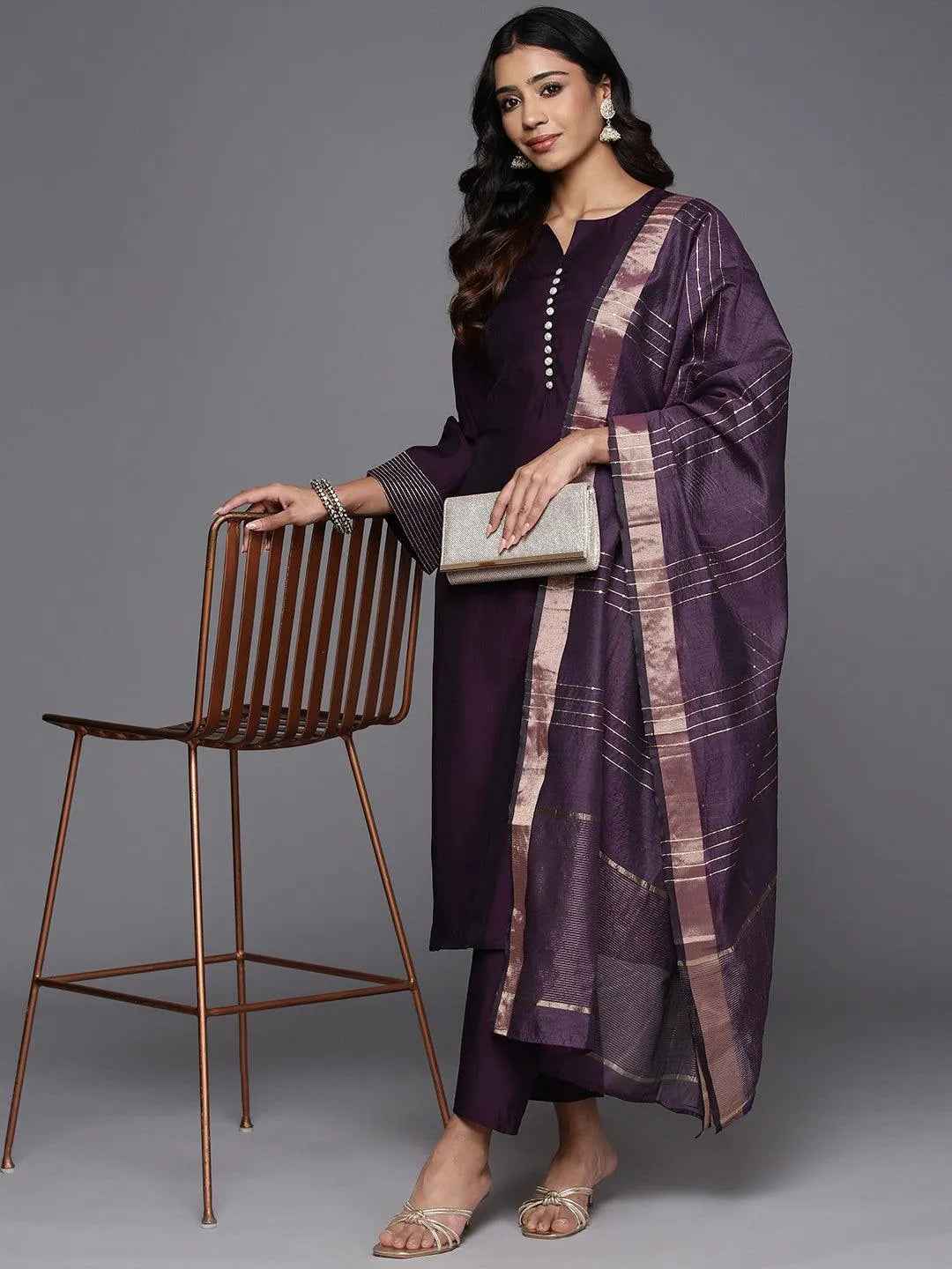 Gerua Purple Solid Silk Blend Straight Suit With Dupatta