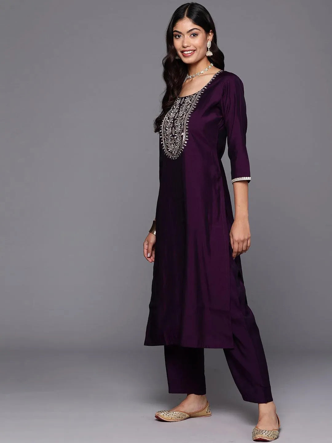 Gerua Purple Yoke Design Silk Blend Straight Suit With Dupatta