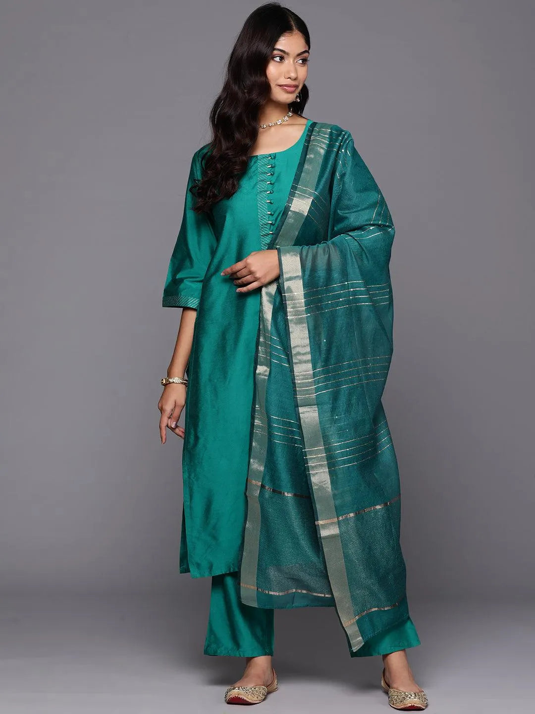 Gerua Green Solid Silk Blend Straight Suit With Dupatta