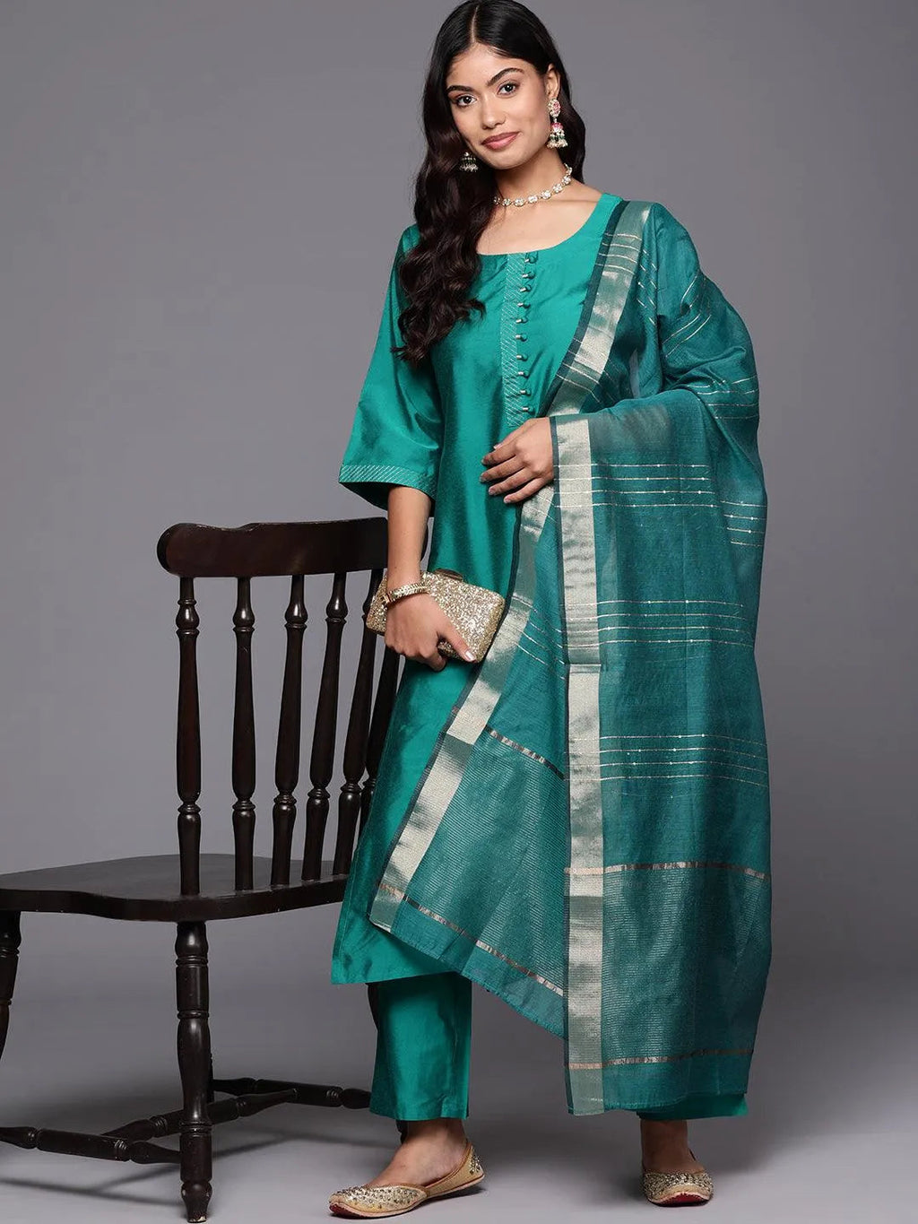 Gerua Green Solid Silk Blend Straight Suit With Dupatta