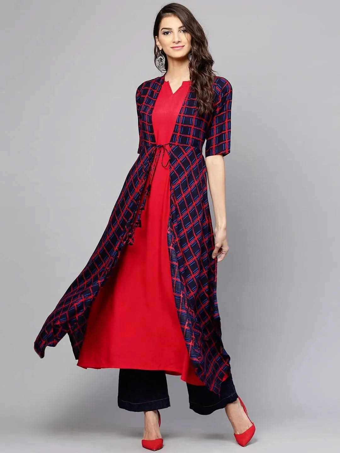 Libas Red Checkered Rayon Kurta With Jacket