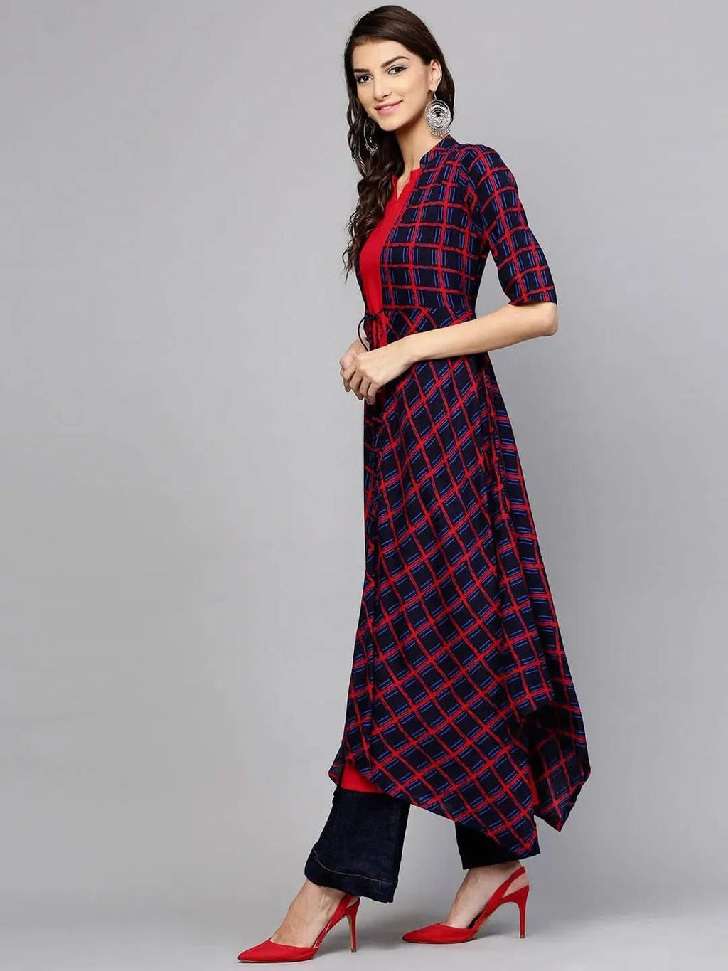 Libas Red Checkered Rayon Kurta With Jacket