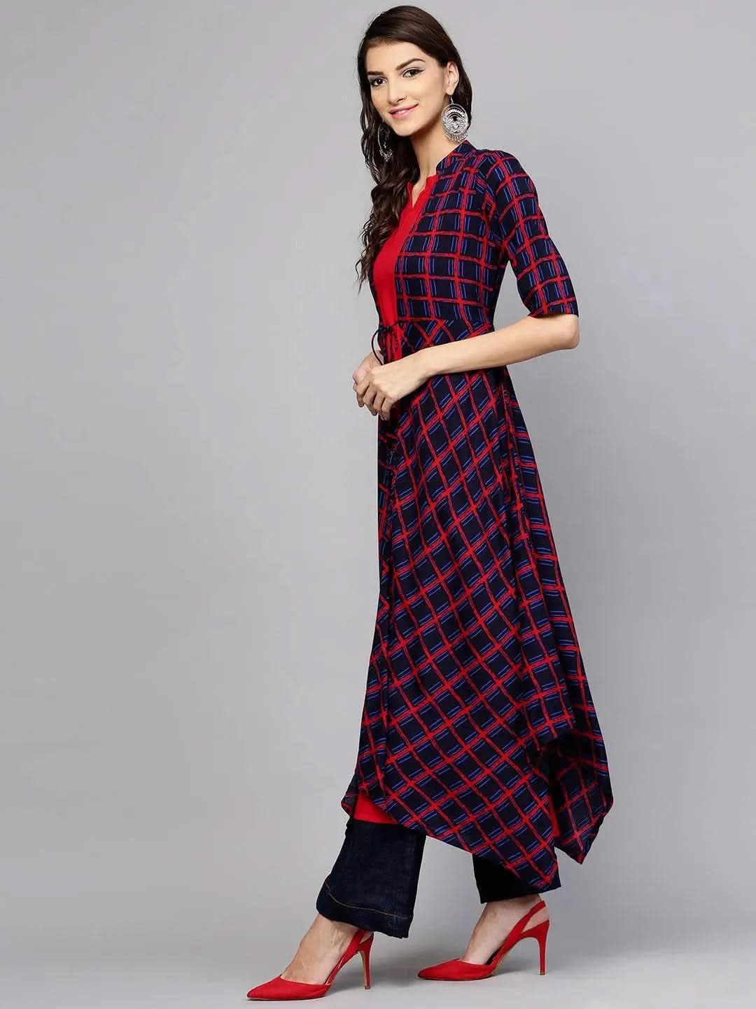 Libas Red Checkered Rayon Kurta With Jacket