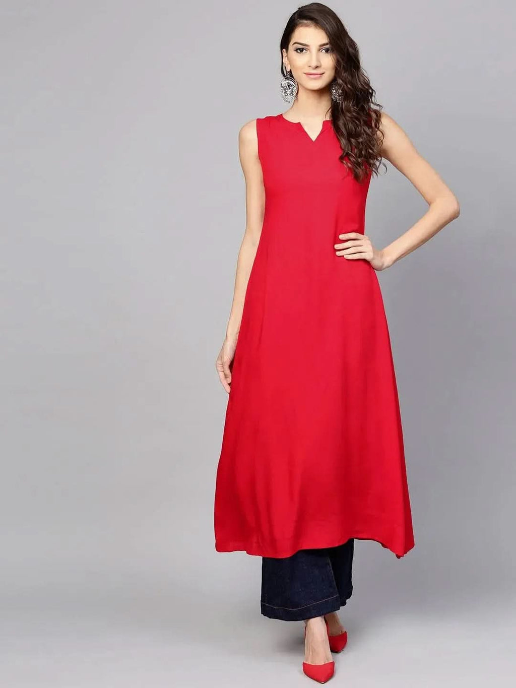 Libas Red Checkered Rayon Kurta With Jacket