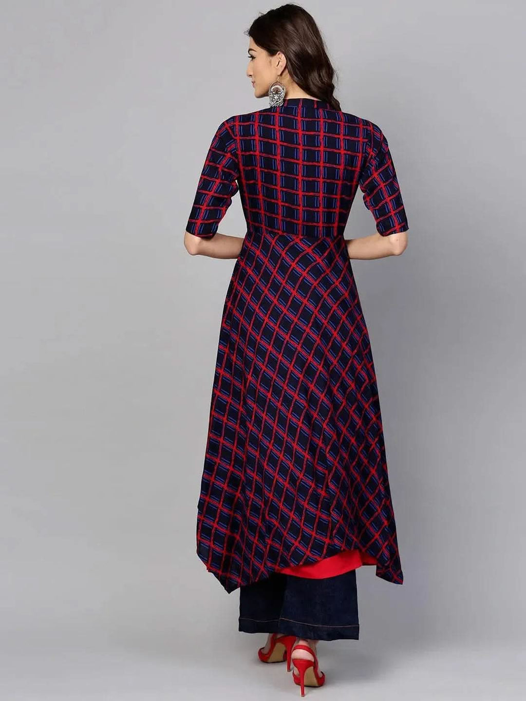 Libas Red Checkered Rayon Kurta With Jacket