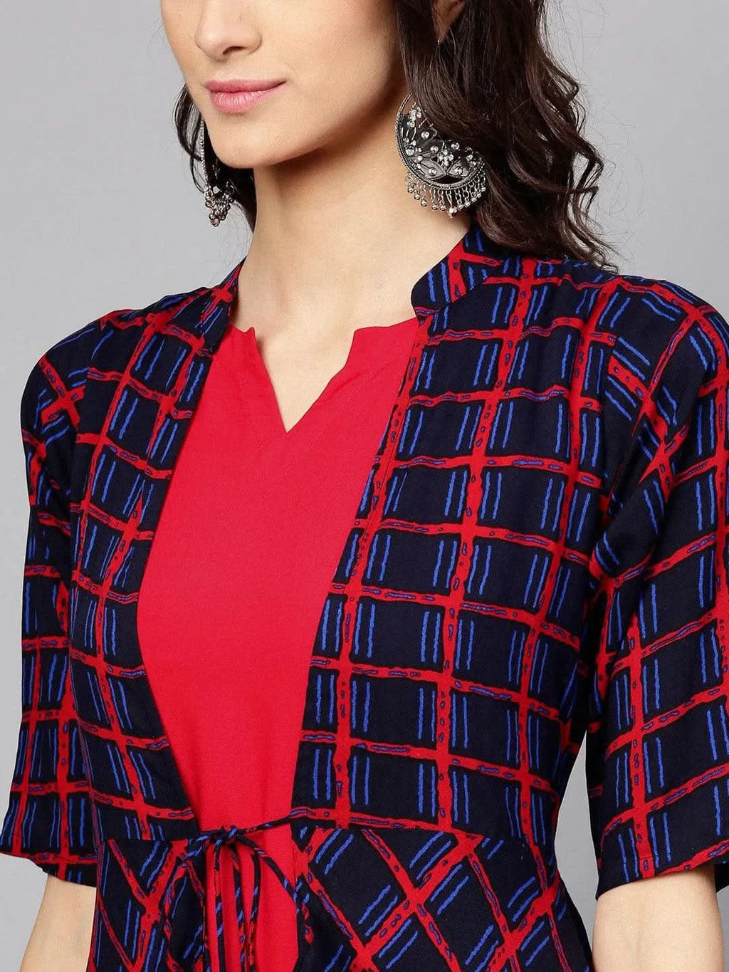 Libas Red Checkered Rayon Kurta With Jacket