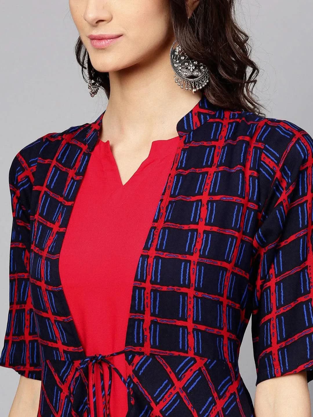 Libas Red Checkered Rayon Kurta With Jacket