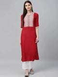 Libas Red Embroidered Rayon Kurta