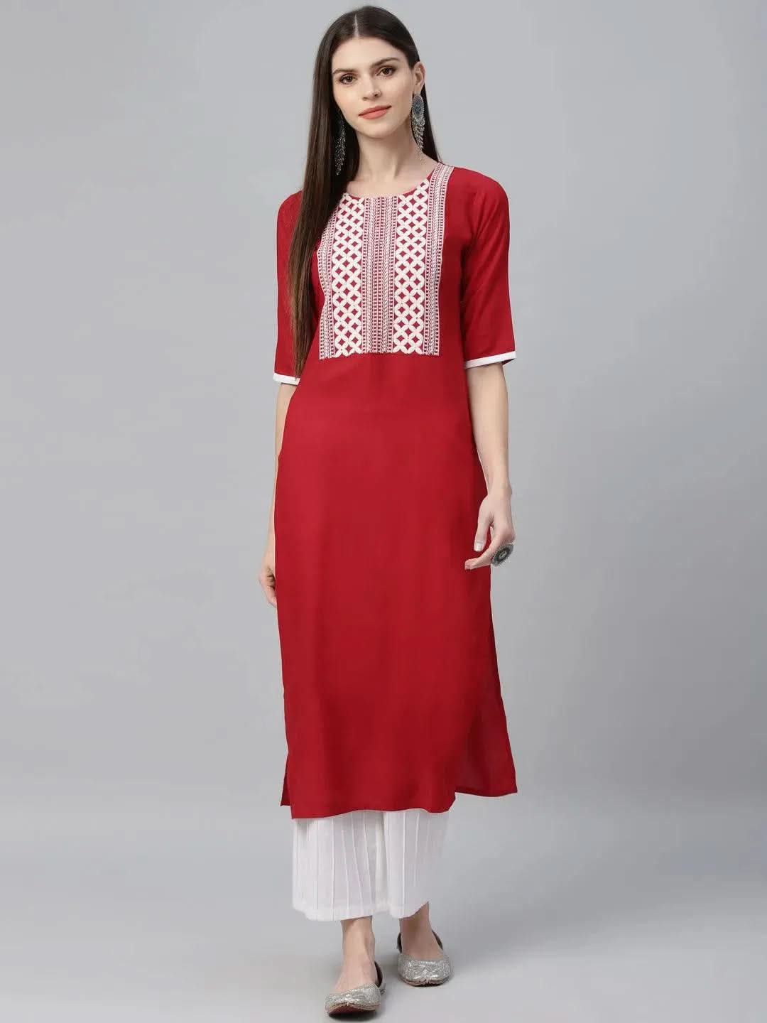 Libas Red Embroidered Rayon Kurta