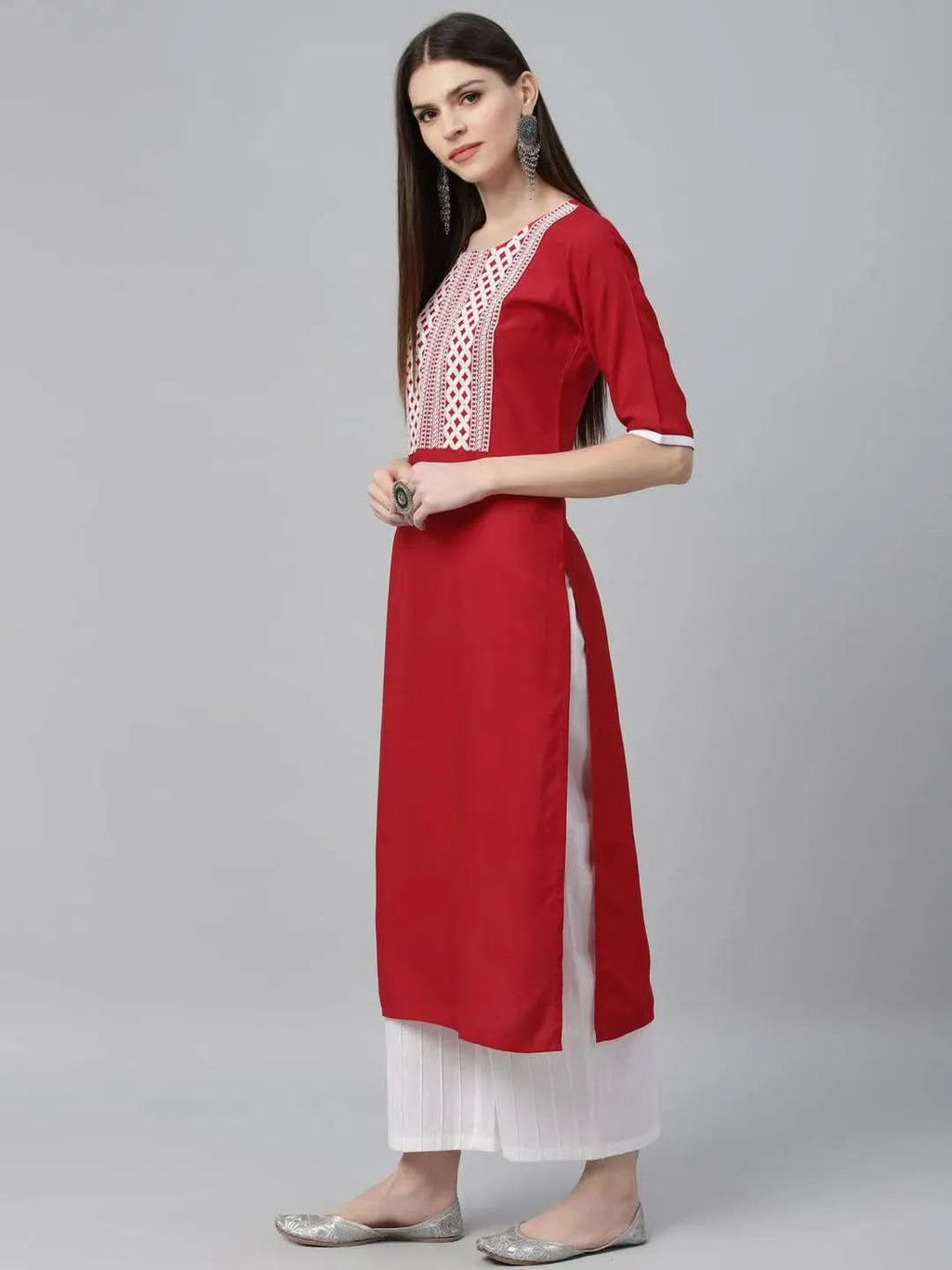 Libas Red Embroidered Rayon Kurta