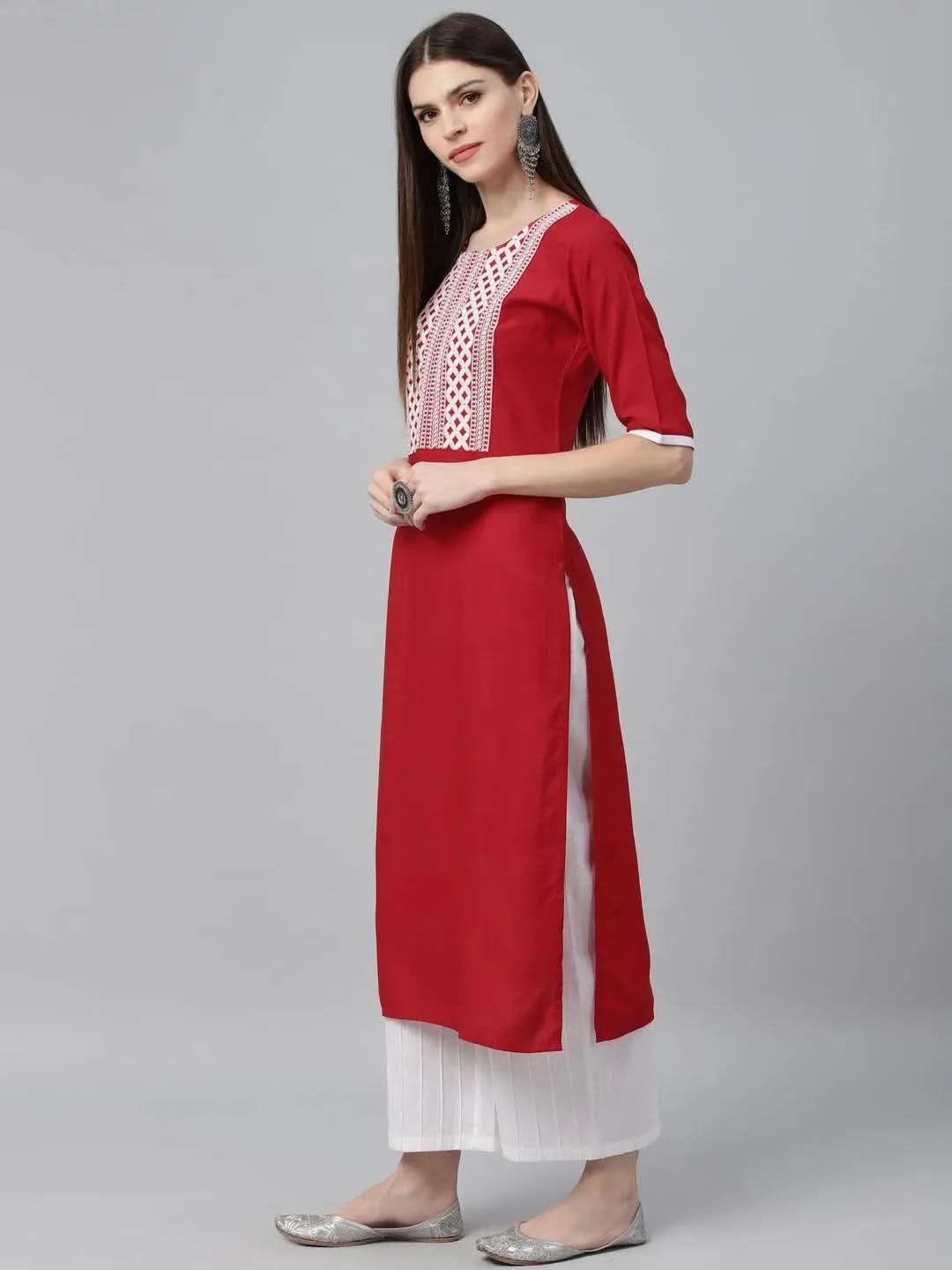 Libas Red Embroidered Rayon Kurta