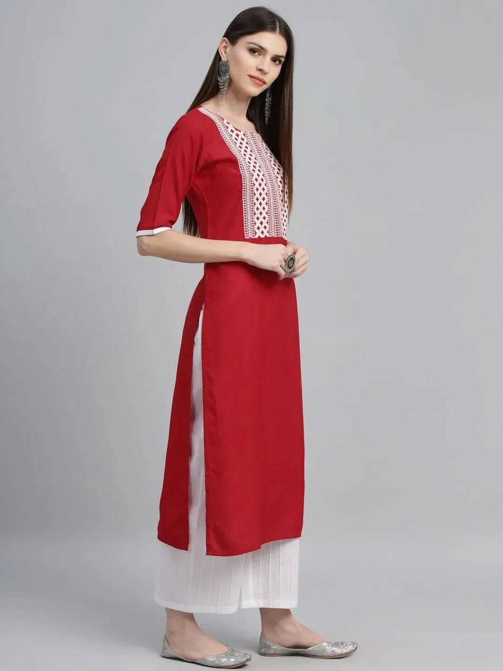 Libas Red Embroidered Rayon Kurta