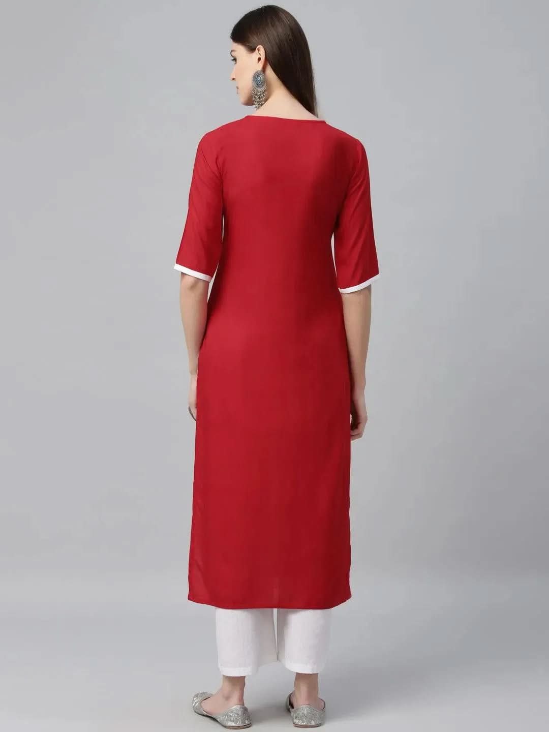 Libas Red Embroidered Rayon Kurta