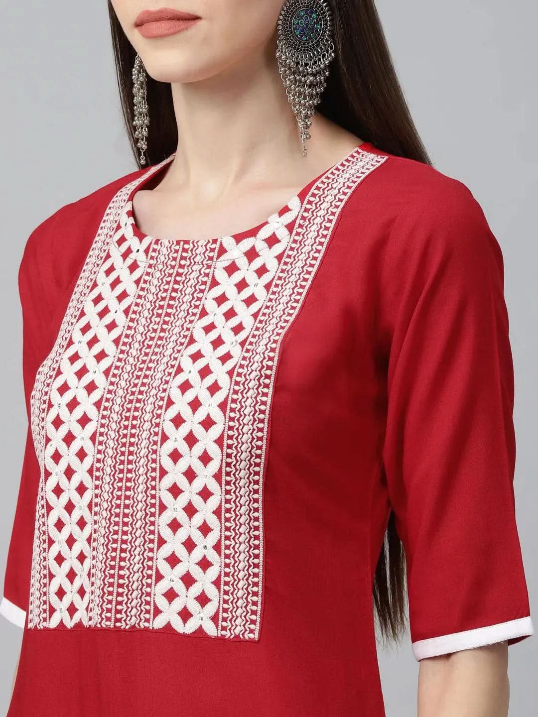 Libas Red Embroidered Rayon Kurta