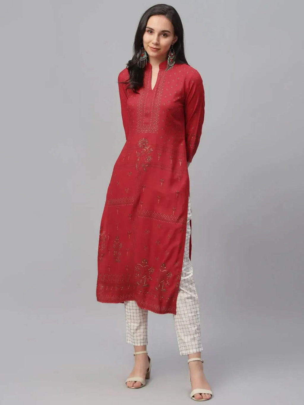 Libas Red Printed Rayon Kurta