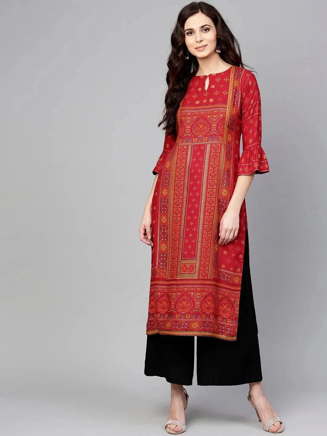 Libas Red Printed Rayon Kurta