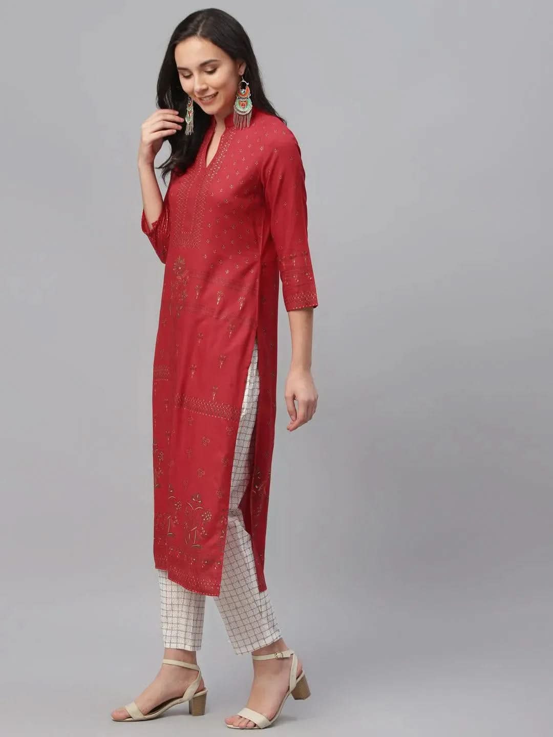 Libas Red Printed Rayon Kurta