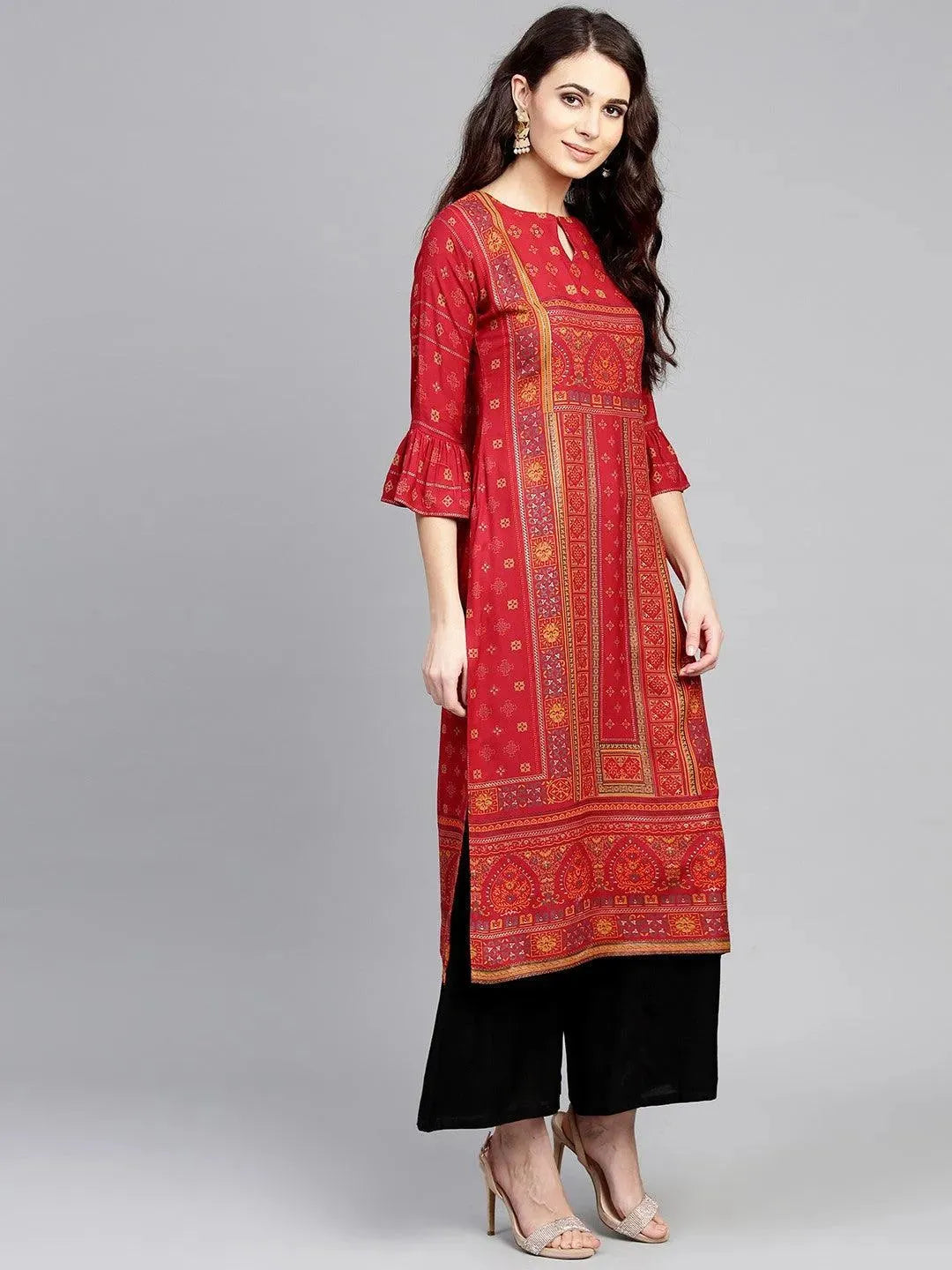 Libas Red Printed Rayon Kurta