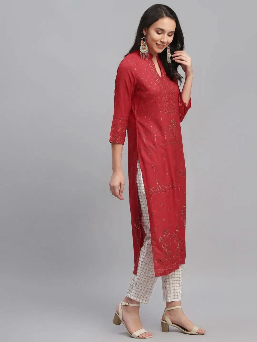 Libas Red Printed Rayon Kurta