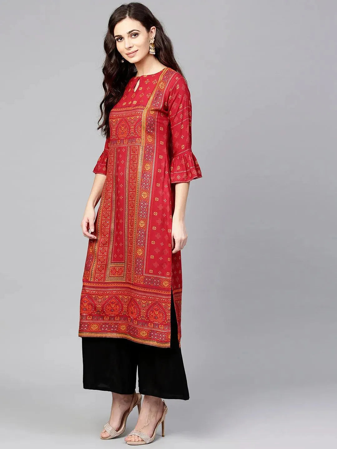 Libas Red Printed Rayon Kurta