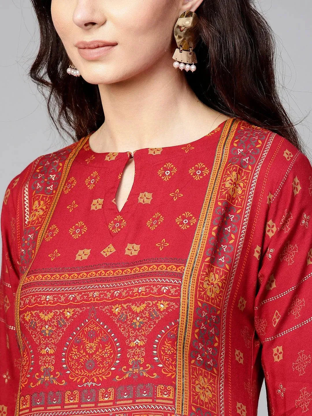 Libas Red Printed Rayon Kurta