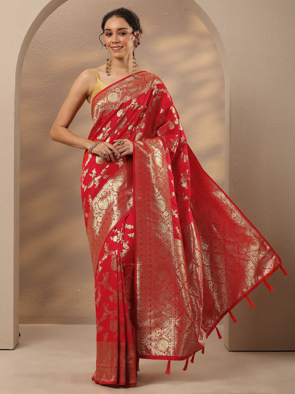 Libas Red Woven Design Silk Blend Saree With Unstitched Blouse Piece