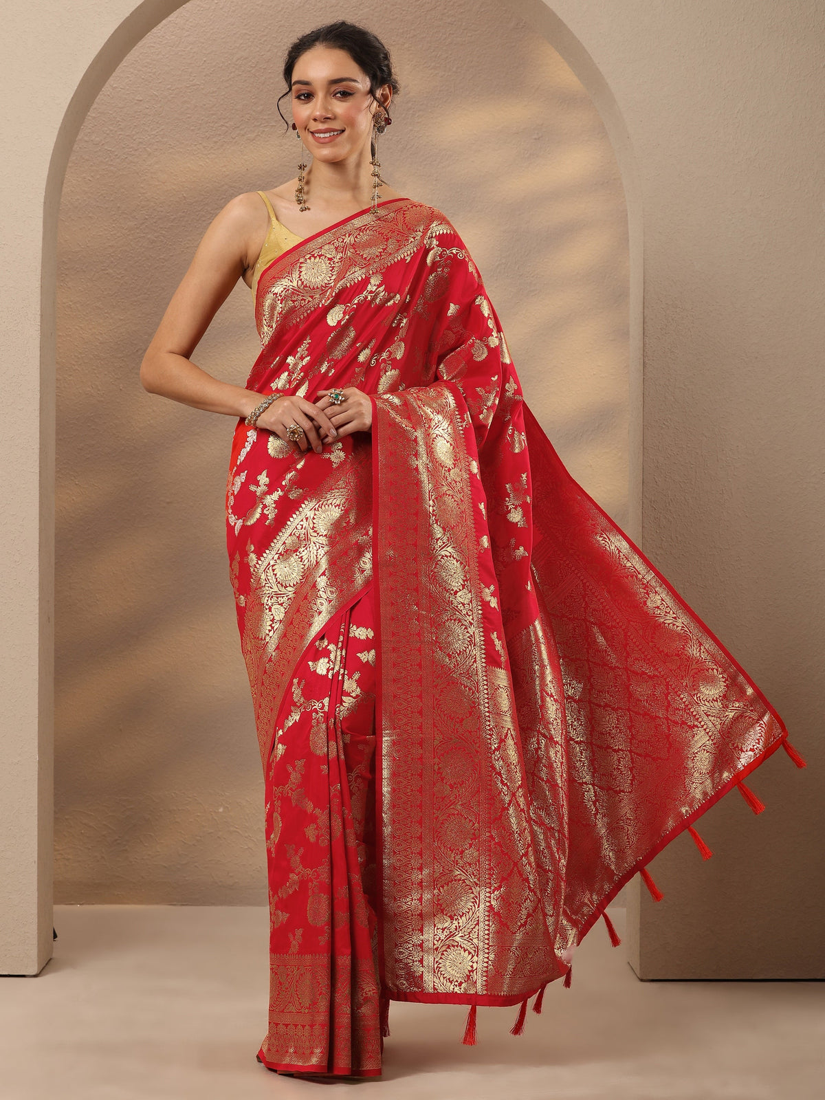Libas Red Woven Design Silk Blend Saree With Unstitched Blouse Piece