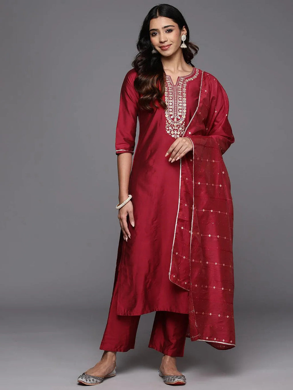 Gerua Red Yoke Design Silk Blend Straight Suit With Dupatta