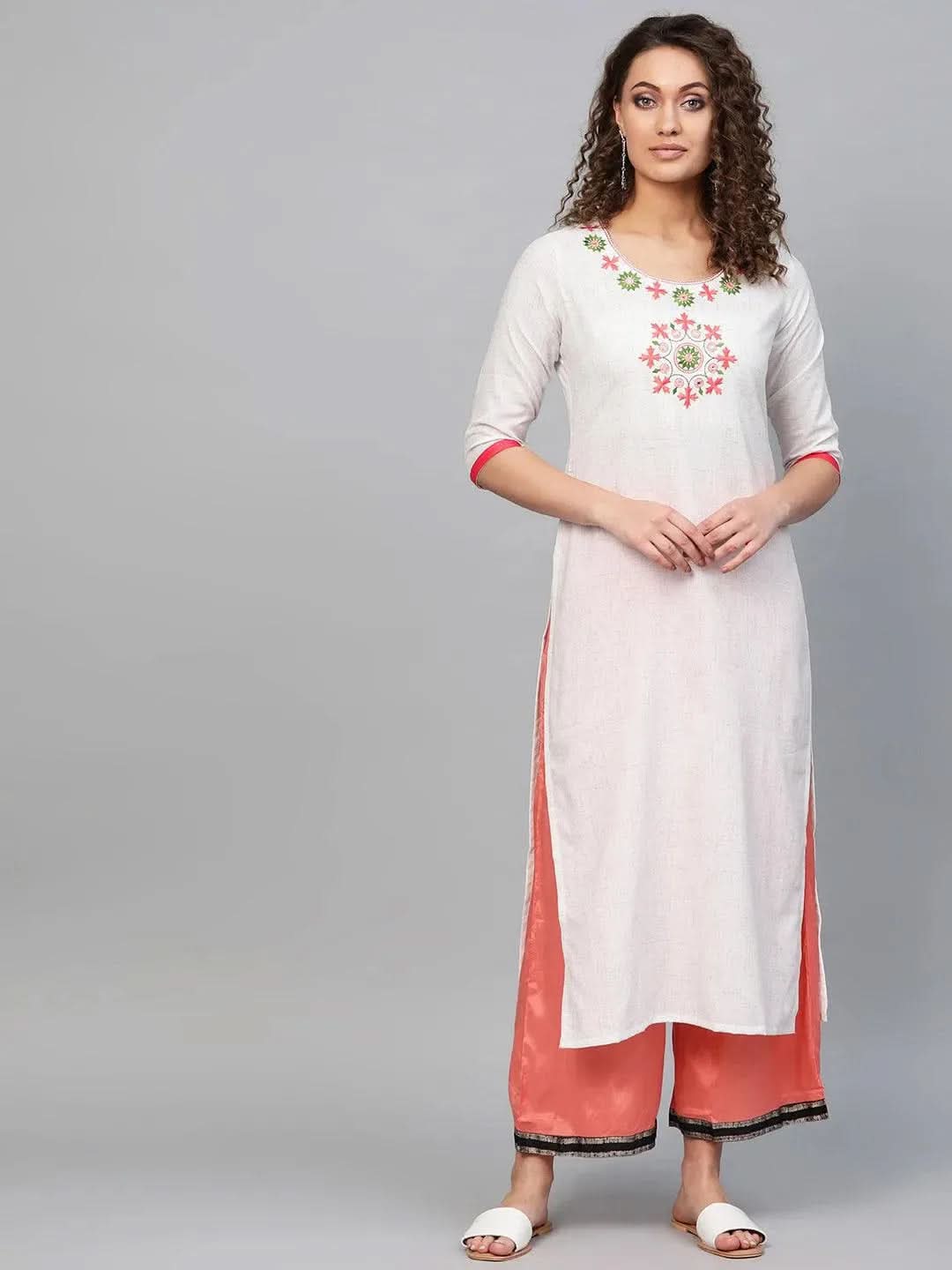 Libas White Embroidered Cotton Kurta