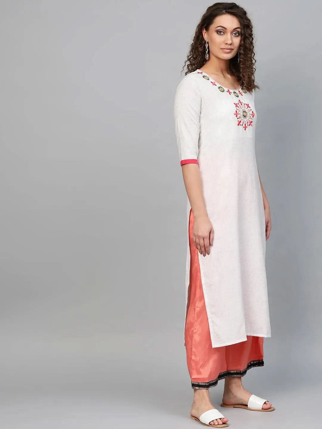 Libas White Embroidered Cotton Kurta