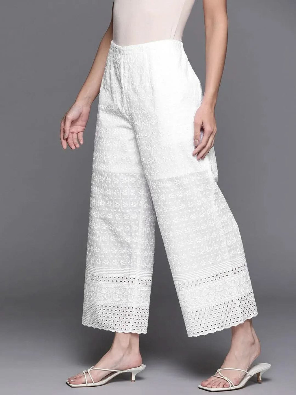 Libas White Embroidered Cotton Palazzos