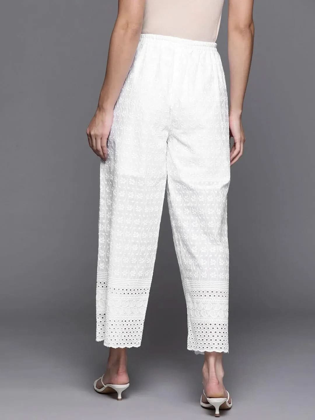 Libas White Embroidered Cotton Palazzos